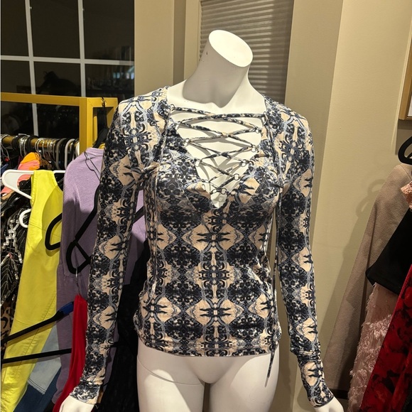 Free People Blue and Cream Lace-Up Blouse - Picture 1 of 4